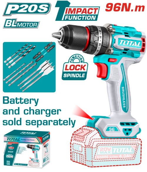 TOTAL TIDLI20968 Brushless Cordless Impact Drill – High-Torque Cordless Power Tool for Precision Work & Demanding Applications