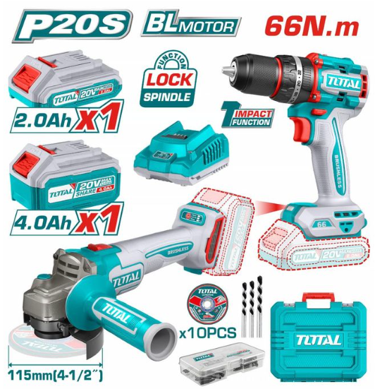 TOTAL TCKLI20273 Cordless 2-Piece Combo Kit – 20V Brushless Power System with 66Nm Torque for Versatile Jobsite Performance