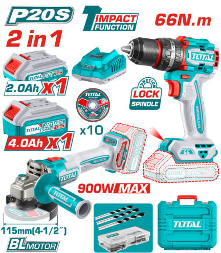 TOTAL TCKLI20273 Cordless 2-Piece Combo Kit – 20V Brushless Power System with 66Nm Torque for Versatile Jobsite Performance