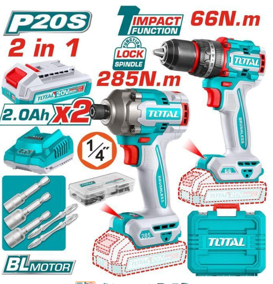 TOTAL TCKLI20277 Cordless 2-Piece Combo Kit – 20V Multi-Purpose Power Tool Set for Flexible Drilling & Fastening Tasks