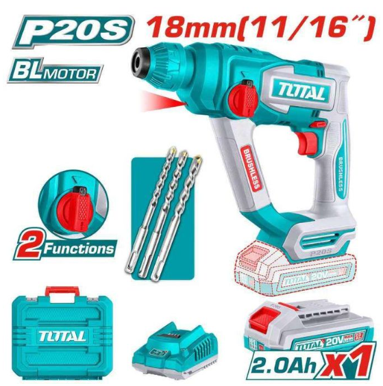 TOTAL TRHLI201881 Cordless Rotary Hammer – Heavy-Duty Cordless Drilling & Chiseling Tool for Concrete, Masonry & Construction Work