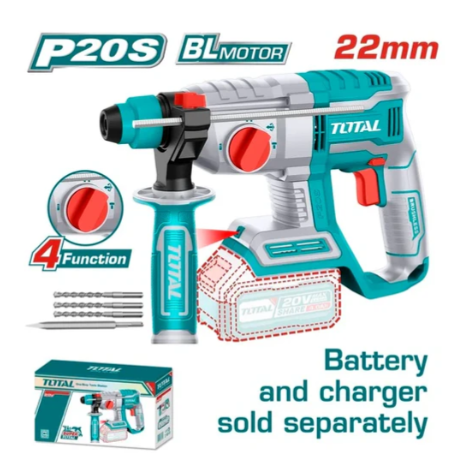 Total TRHLI202081 20V Li-Ion Rotary Hammer – Cordless Concrete Drilling & Hammering Tool for Construction & Installation Work