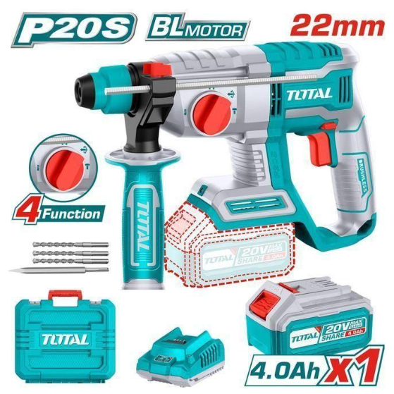 Total TRHLI202081 20V Li-Ion Rotary Hammer – Cordless Concrete Drilling & Hammering Tool for Construction & Installation Work