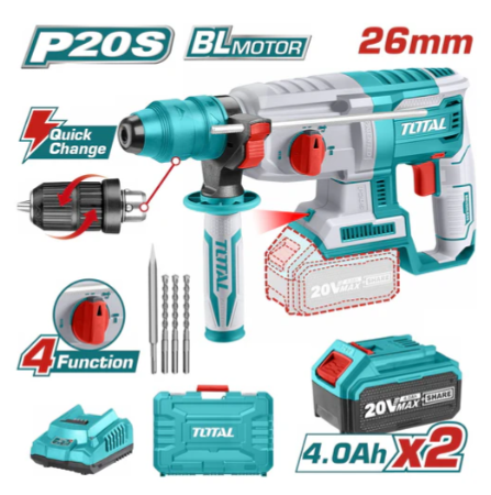 Total TRHLI202289 20V Lithium-Ion Rotary Hammer – Cordless Heavy-Duty Drill for Concrete, Masonry & Structural Work