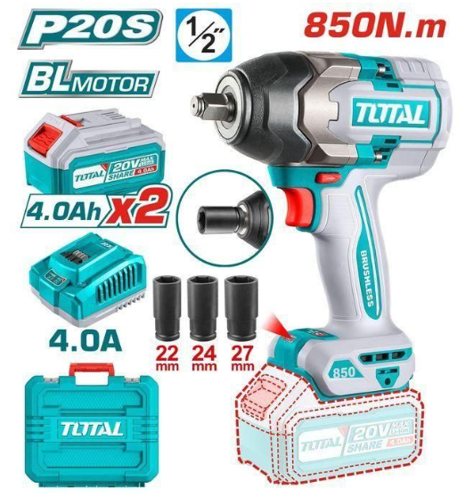 TOTAL TIWLI2085 Cordless Impact Wrench 20V – High-Force Fastening Tool for Automotive Repairs, Garage Work & Mechanical Tasks