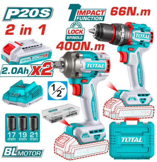 TOTAL TCKLI20275 Cordless 2-Piece Combo Kit – Portable 20V Power Tool Set for Efficient Drilling, Fastening & Everyday Project Work