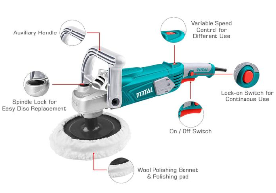 TOTAL TP1141806 1400W Angle Polisher with Variable Speed Control for Car Detailing, Paint Correction & Surface Finishing