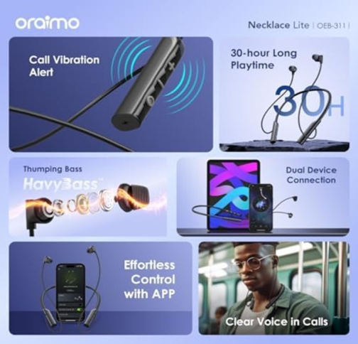 Oraimo Necklace Lite OEB-311 Wireless Neckband Earphones with Deep Bass, ENC Calls & 30-Hour Playtime