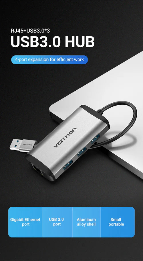 Vention USB 3.0 to USB 3.0 3-Port Hub + Gigabit Ethernet Docking Station: