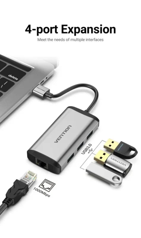 Vention USB 3.0 to USB 3.0 3-Port Hub + Gigabit Ethernet Docking Station: