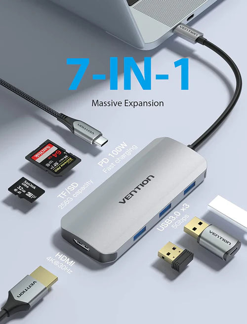 Vention TOJHB 7-in-1 USB-C Multi-Functional Docking Station – HDMI, USB 3.0, SD/TF Card Reader