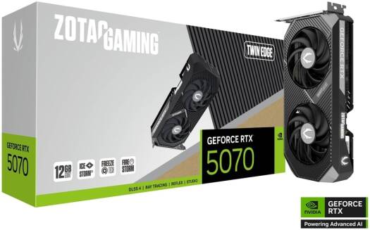 ZOTAC GAMING GeForce RTX 5070 Twin Edge 12GB GDDR7 Graphics Card – 2512MHz Boost, 28Gbps, 6144 CUDA Cores, PCIe 5.0 x16 (ZT-B50700E-10P)