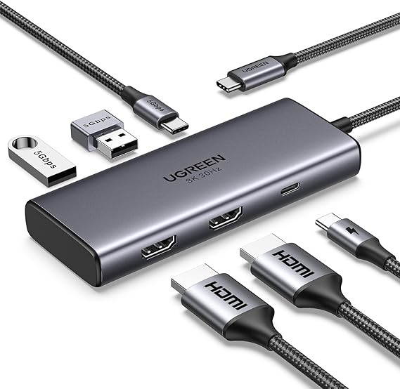 UGREEN 6-in-2 USB-C Hub CM380 – Dual USB-C Multiport Adapter with HDMI, USB 3.0 &amp; Power Delivery