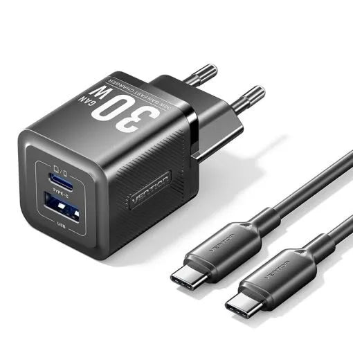 Vention 30W GaN Fast Charger (1×USB-C + 1×USB-A) with USB-C Cable (TZ-FEQW0-UK-01)