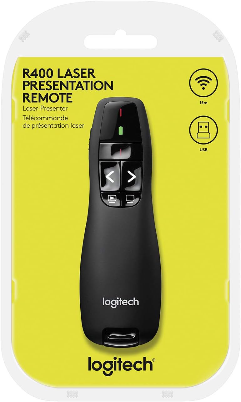 Logitech R400 Wireless Presenter – 2.4GHz PowerPoint Remote with Laser Pointer &amp; USB Receiver