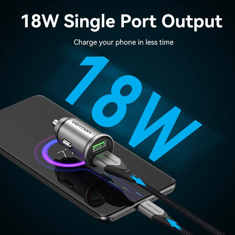 Vention 60W Dual USB-A Car Charger (30W+30W) – Mini Aluminum Alloy Fast Charging Adapter, Gray (FFFHO)