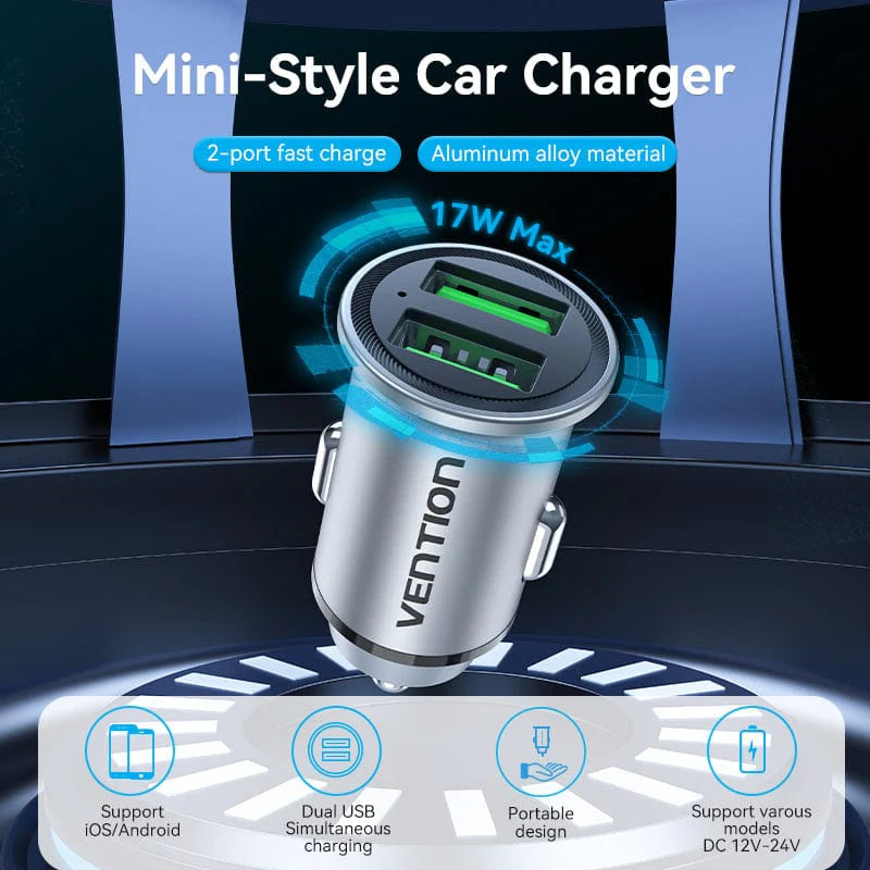 Vention 60W Dual USB-A Car Charger (30W+30W) – Mini Aluminum Alloy Fast Charging Adapter, Gray (FFFHO)